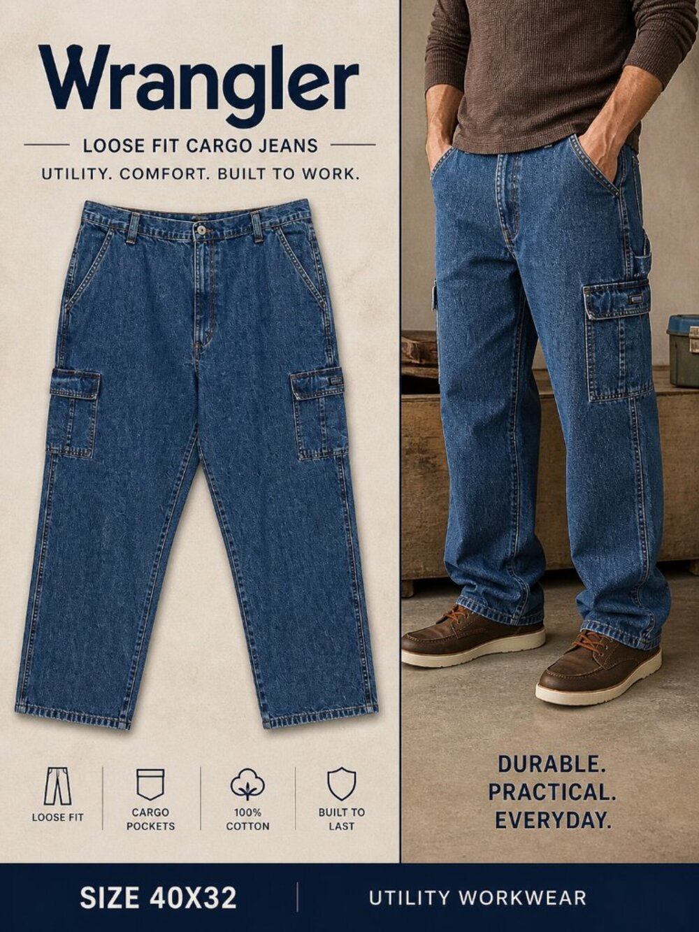 Wrangler Loose Fit Cargo Jeans 40x32 Blue Denim Utility Workwear